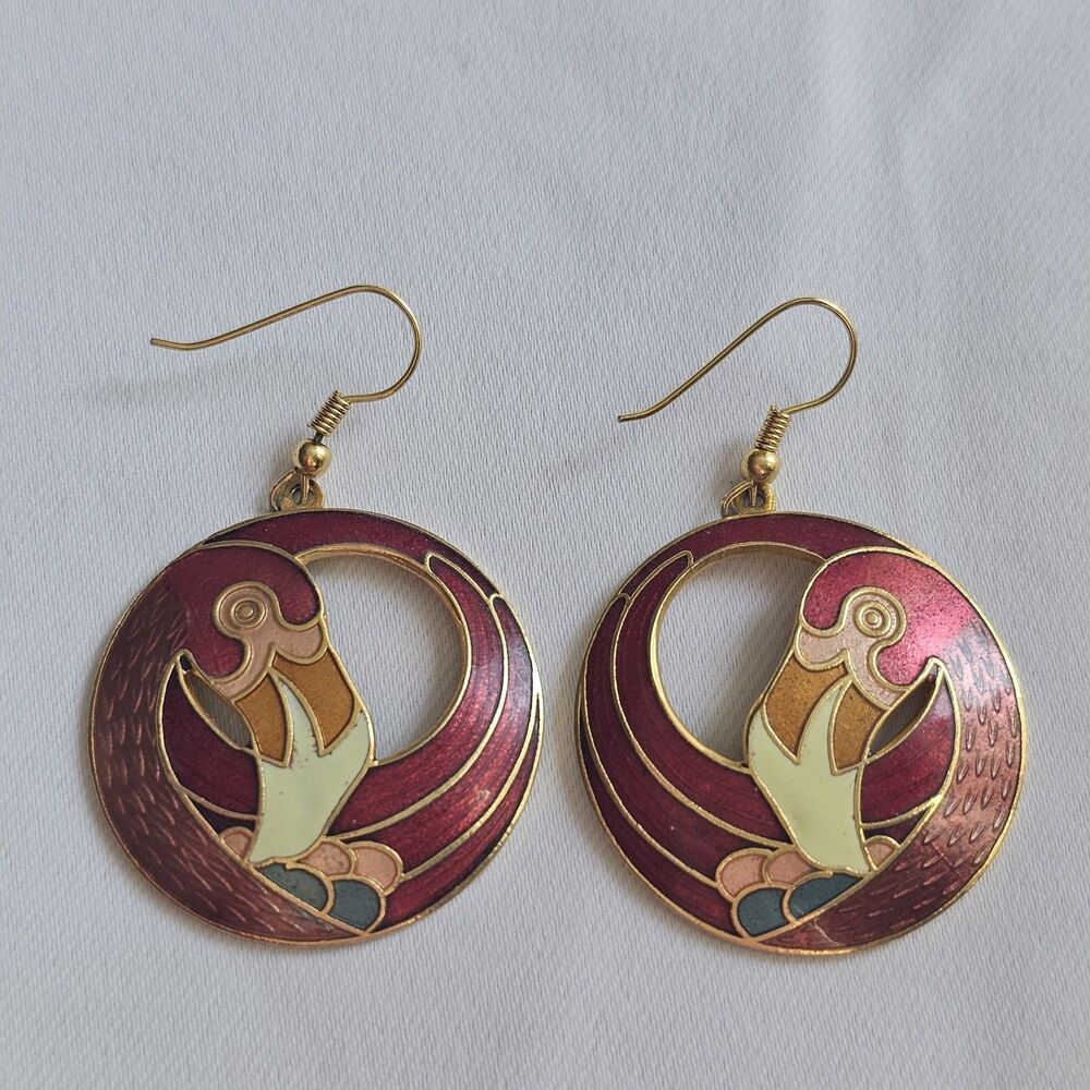 Womens Vintage Flamingo Dangle Earrings Gold Tone Pink